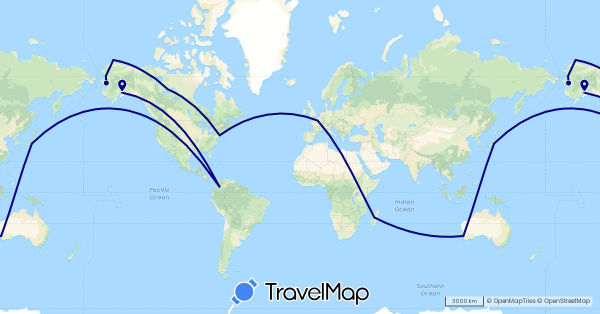 TravelMap itinerary: driving in Australia, Canada, Colombia, France, Japan, Madagascar, United States (Africa, Asia, Europe, North America, Oceania, South America)